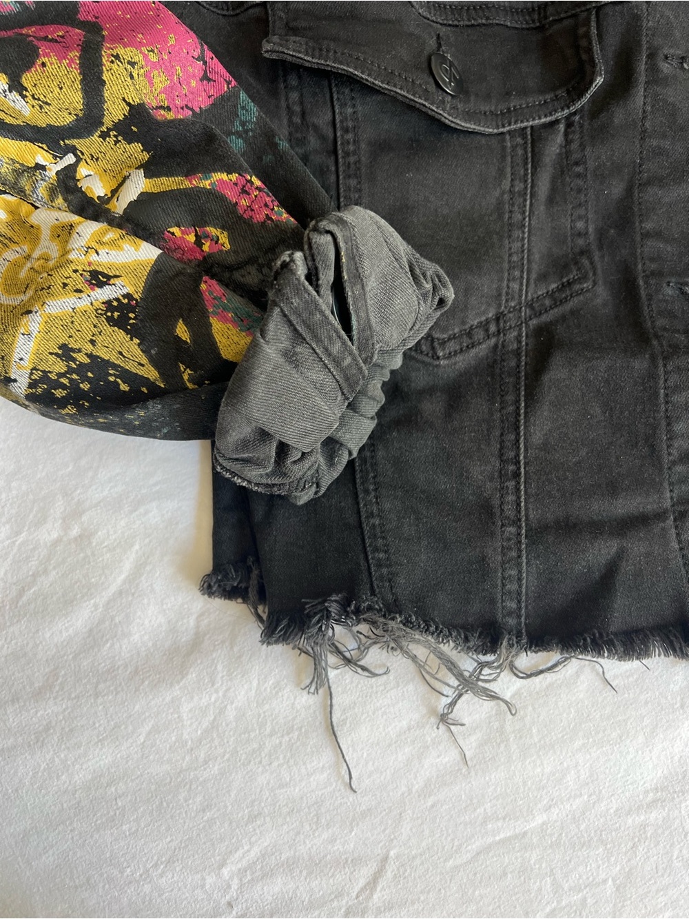 Love & Legend Black Cropped Denim Jacket with Colorful Graphic Sleeve - Picture 3 of 4